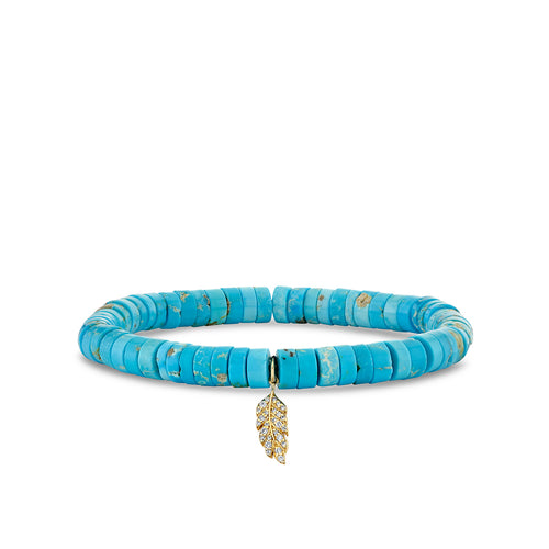Gold & Diamond Tiny Feather on Turquoise Heishi