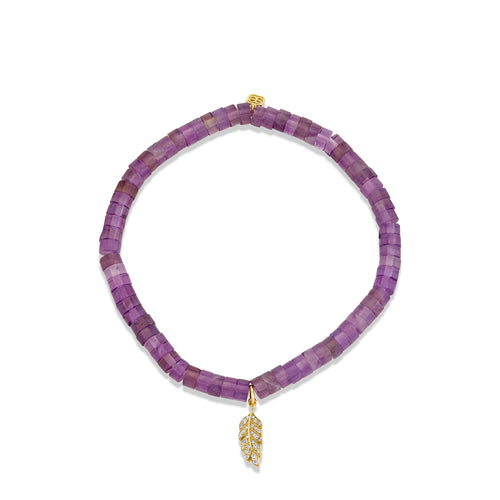 Gold & Diamond Tiny Pave Feather on Amethyst Heishi