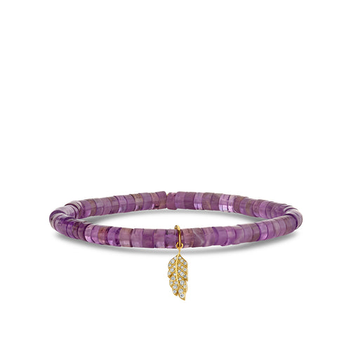 Gold & Diamond Tiny Pave Feather on Amethyst Heishi
