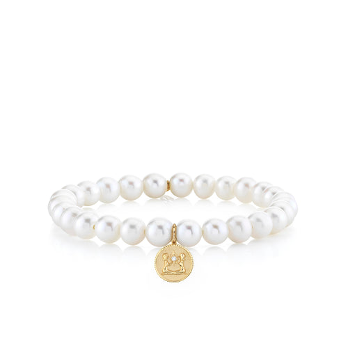 Gold & Diamond Gemini Zodiac Medallion on Pearls
