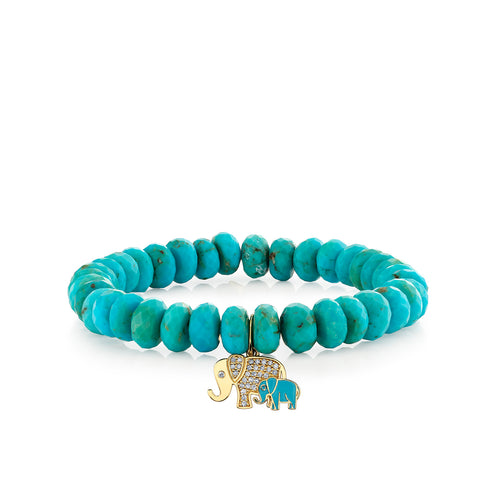 Gold & Diamond Turquoise Enamel Elephant Family Charm on Turquoise