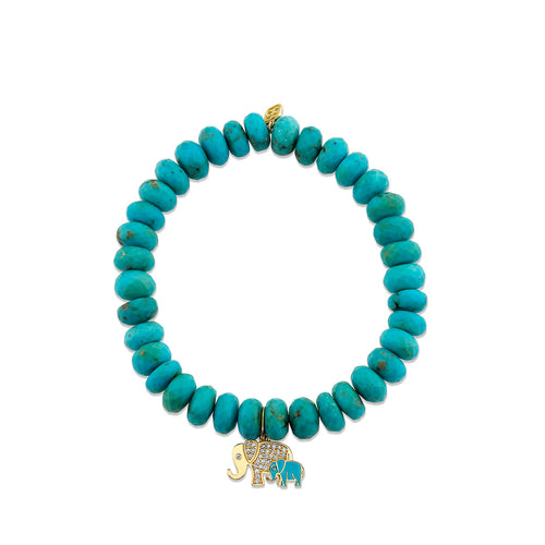 Gold & Diamond Turquoise Enamel Elephant Family Charm on Turquoise
