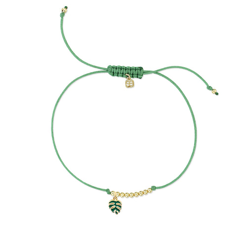 Gold & Enamel Tiny Monstera Leaf Cord Bracelet