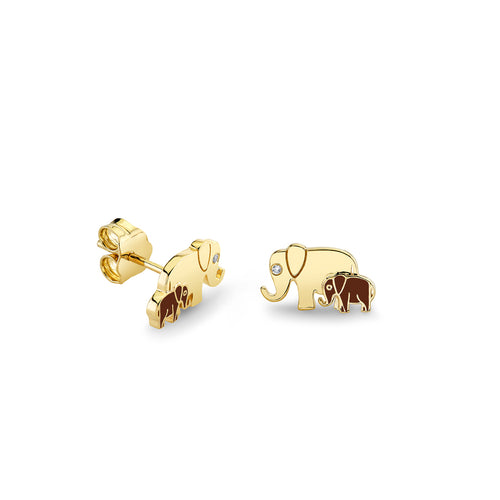 Gold & Enamel Elephant Family Stud