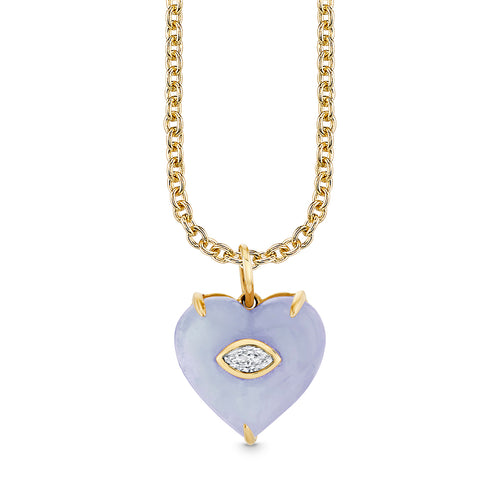 Gold & Diamond Lavender Amethyst Carved Stone Marquise Bezel Heart Charm