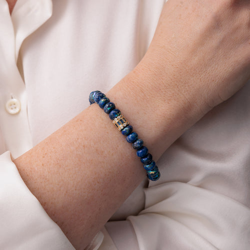 Gold & Sapphire Stacked Baguette & Bezel Rondelle on AB Lapis