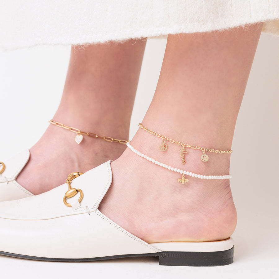 Pure Gold Tiny Bee Anklet on Fresh Water Pearls - Sydney Evan Fine Jewelry