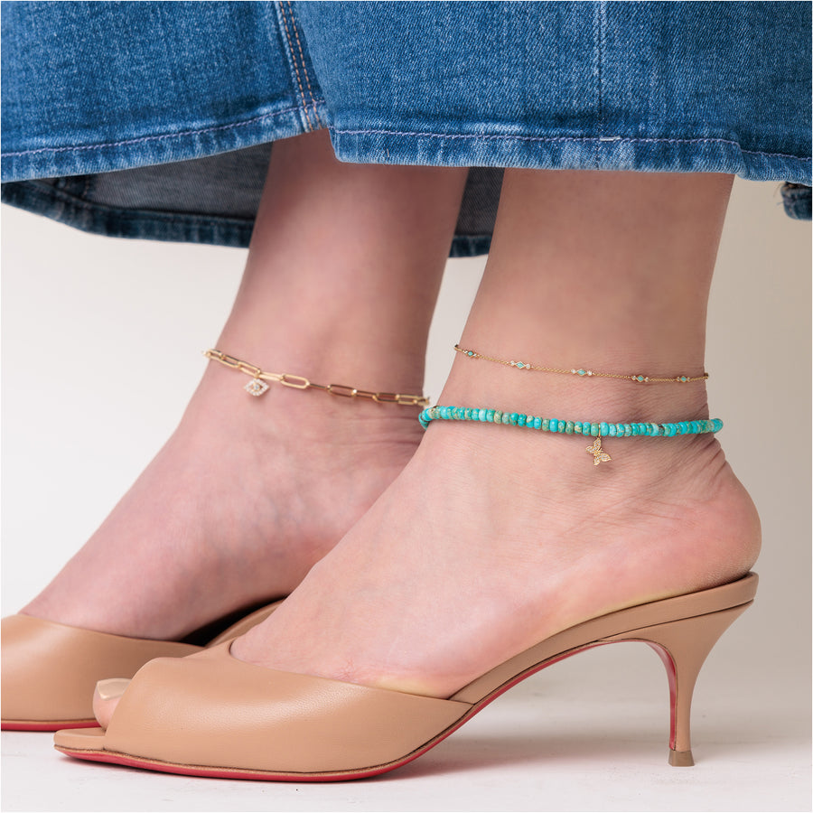 Gold & Bezel Diamond Turquoise Anklet - Sydney Evan Fine Jewelry