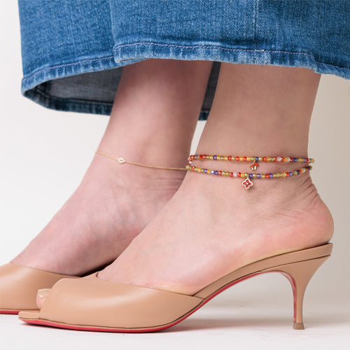 Gold & Diamond Mini Moroccan Flower Rainbow Zircon Anklet