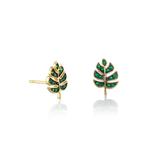 Gold & Emerald Tiny Monstera Leaf Stud