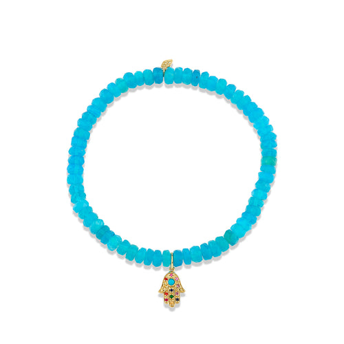 Gold & Gemstone Small Rainbow Hamsa on Tidal Blue Opal