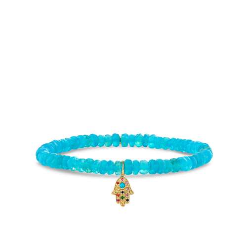 Gold & Gemstone Small Rainbow Hamsa on Tidal Blue Opal