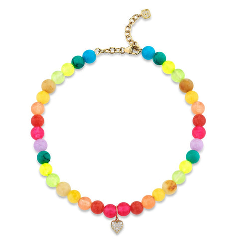 Gold & Diamond Tiny Heart Rainbow Jade Anklet