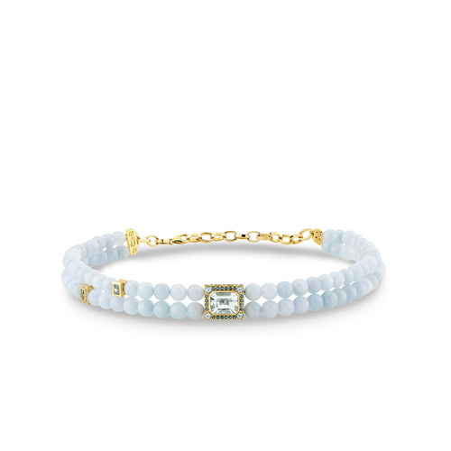 Gold & Diamond Multi Emerald Cut Bead Charms on Aquamarine Bead Necklace