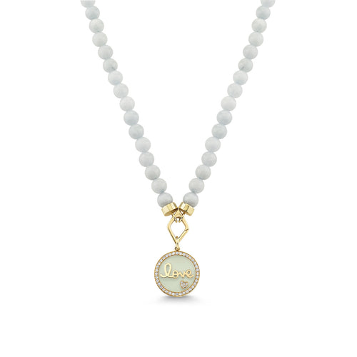 Gold & Diamond Love Script Tableau Medallion on Aquamarine Necklace