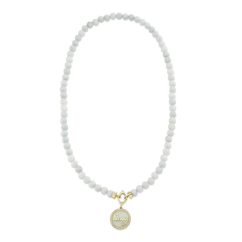 Gold & Diamond Love Script Tableau Medallion on Aquamarine Necklace