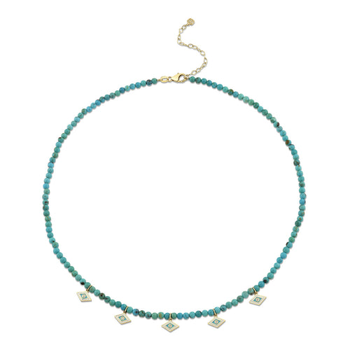 Gold & Diamond Tiny Enamel Groovy Protective Eye on Turquoise Necklace