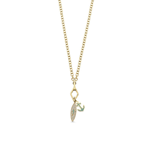Gold & Diamond Surfboard and Anchor Charm Necklace
