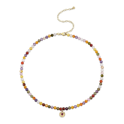 Gold & Ruby Solar Compass on Multi Color CZ Necklace