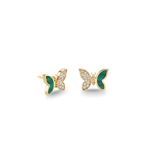 Gold & Diamond Tiny Butterfly Malachite Stud
