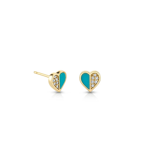 Gold & Diamond Heart With Stone Inlay Stud