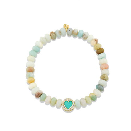 Gold & Diamond Turquoise Pave Stone Inlay Heart Icon Bead on Amazonite