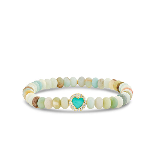 Gold & Diamond Turquoise Pave Stone Inlay Heart Icon Bead on Amazonite