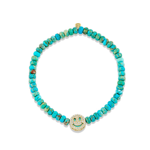Gold & Diamond Turquoise Stone Inlay Happy Face Icon Bead on Turquoise