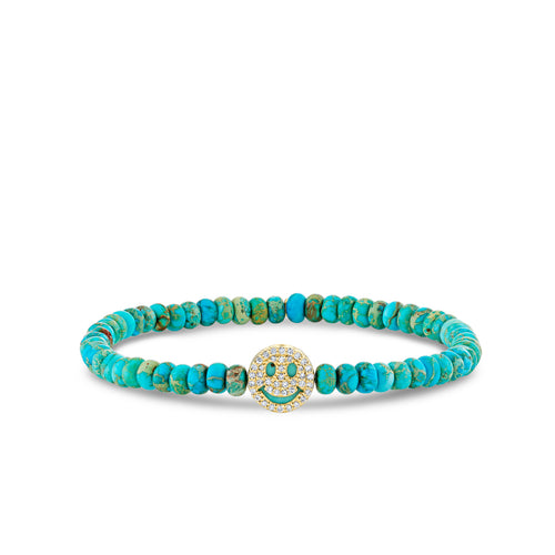 Gold & Diamond Turquoise Stone Inlay Happy Face Icon Bead on Turquoise