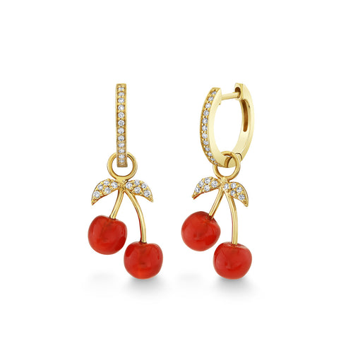 Gold & Diamond Carved Stone Cherry & Pave Hoop Earring
