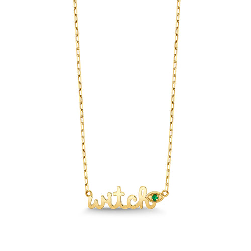 Gold & Emerald Wicked Witch Script Necklace