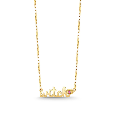 Gold & Pink Sapphire Wicked Witch Script Necklace