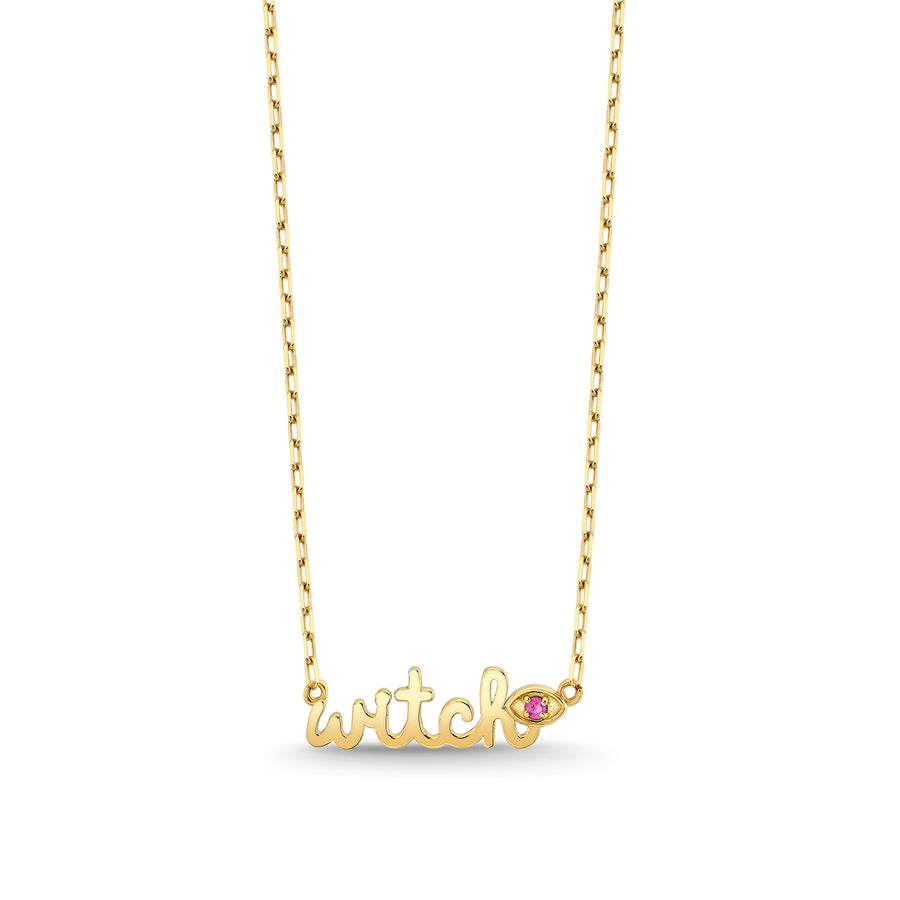 Gold & Pink Sapphire Wicked Witch Script Necklace
