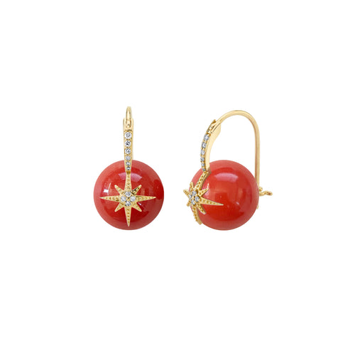 Gold & Diamond Starburst Red Coral Earrings