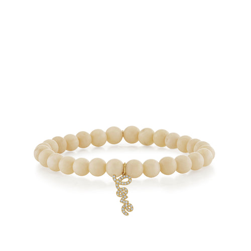 Gold & Diamond Love Script Charm White Coral Beaded Bracelet