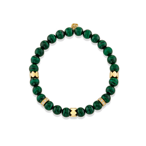 Gold & Diamond Multi Rondelle on Malachite Beaded Bracelet