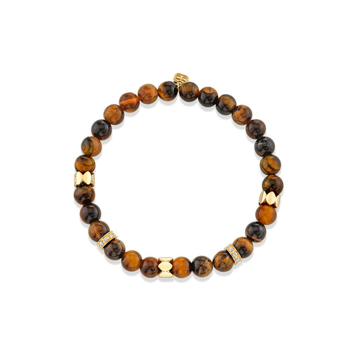Gold & Diamond Multi Rondelles on Tiger Eye Beaded Bracelet