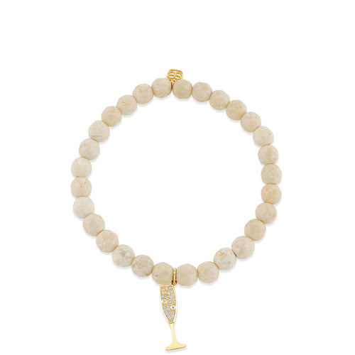 Gold & Diamond Champagne Glass Charm Cream Jasper Beaded Bracelet