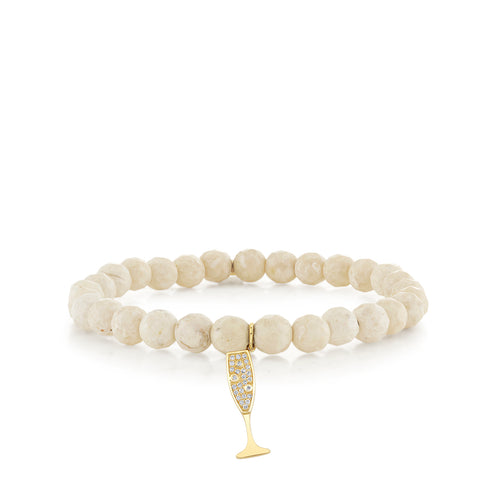 Gold & Diamond Champagne Glass Charm Cream Jasper Beaded Bracelet