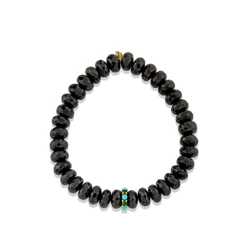 Gold, Turquoise & Emerald Rondelle on Black Spinel
