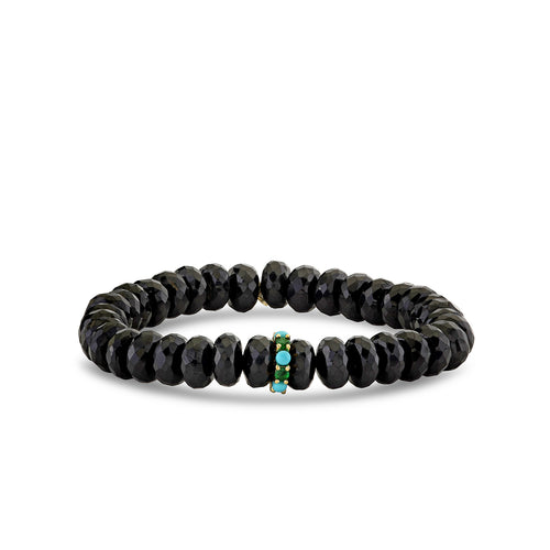 Gold, Turquoise & Emerald Rondelle on Black Spinel