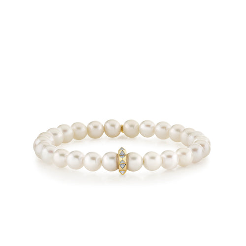 Gold & Diamond 10mm Center Stone Pyramid Eternity Rondelle on Pearls