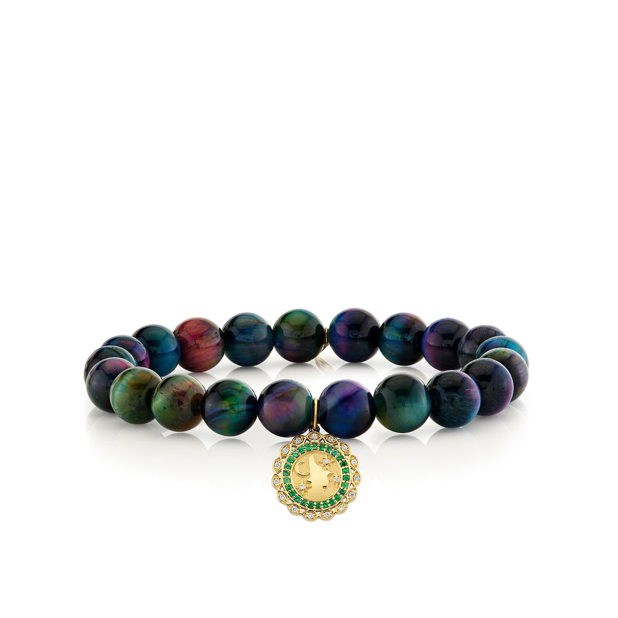 Gold, Diamond & Emerald Wicked Elphaba Silhouette Coin on Rainbow Tiger Eye - Sydney Evan Fine Jewelry