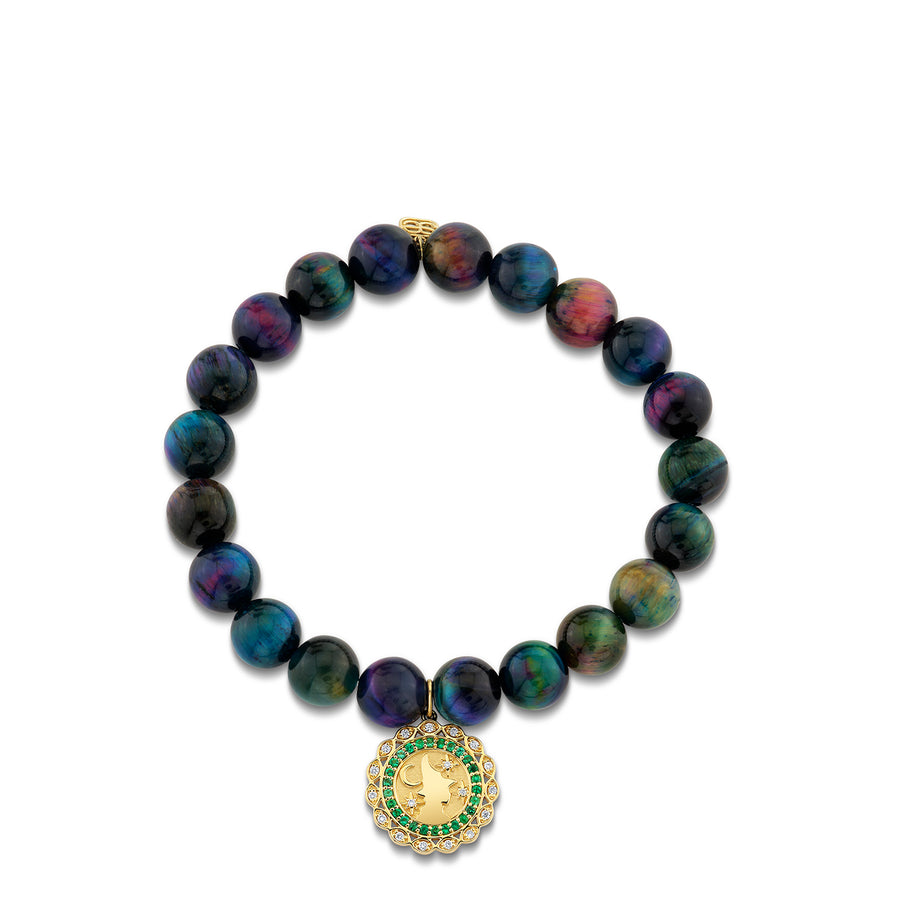 Gold, Diamond & Emerald Wicked Elphaba Silhouette Coin on Rainbow Tiger Eye - Sydney Evan Fine Jewelry
