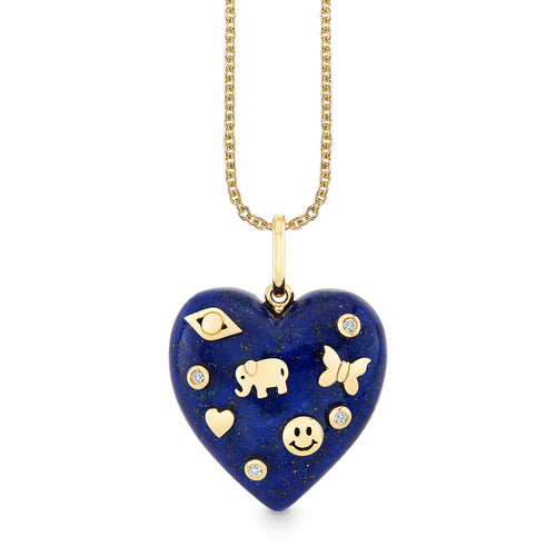 Gold & Diamond Carved Lapis Heart Icon Charm