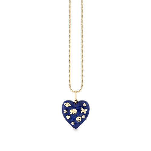 Gold & Diamond Carved Lapis Heart Icon Charm