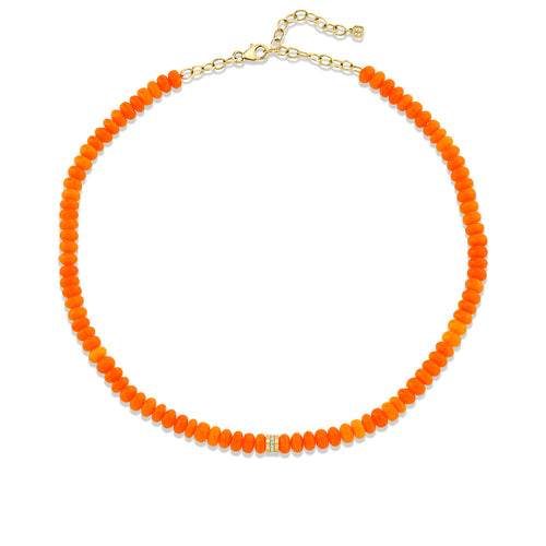Gold & Diamond 6mm Rondelle on Fire Opal Smooth Round Necklace