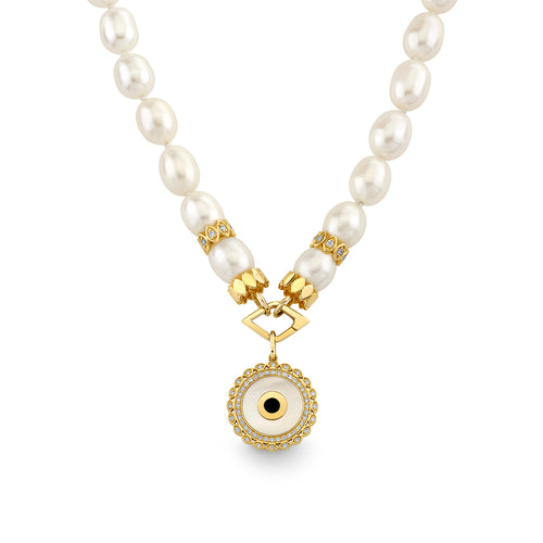 Gold & Diamond Multi Rondelle and Marquise Eye Border Stone Inlay Charm Pearl Necklace