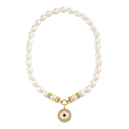 Gold & Diamond Multi Rondelle and Marquise Eye Border Stone Inlay Charm Pearl Necklace