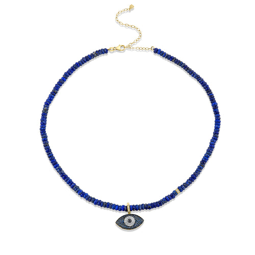 Gold & Diamond Puffy Protective Eye with Pave Bale and Rondelle on Lapis Beaded Necklace